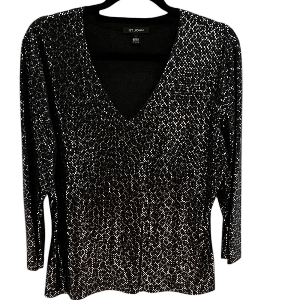 ST. JOHN V Neck Cropped Sleeve Metallic Top Size L